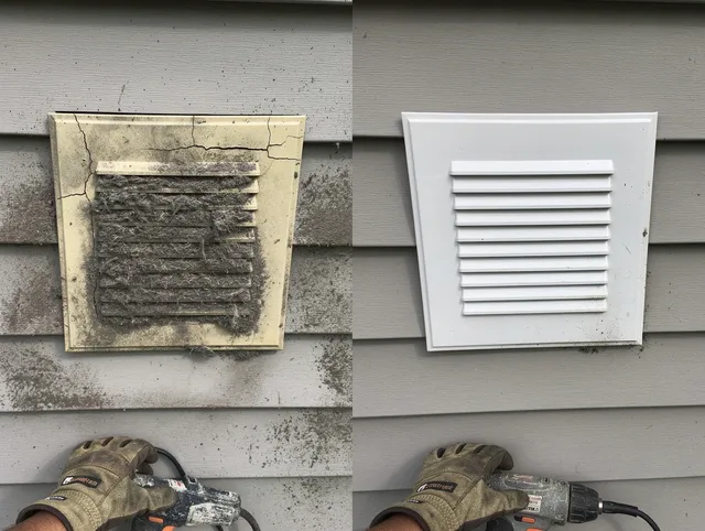 Old Saybrook Dryer Vent Cleaning technician installing high-quality dryer vent cover at a residential property in Old Saybrook