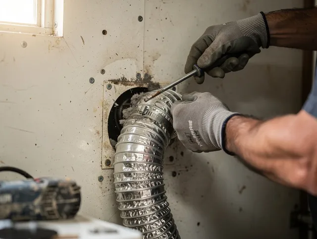 Old Saybrook Dryer Vent Cleaning technician performing precise dryer vent hose installation in Old Saybrook