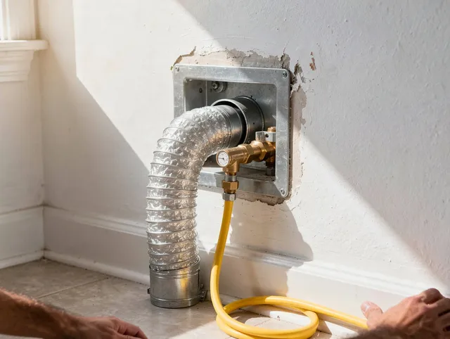 Old Saybrook Dryer Vent Cleaning certified technician performing specialized gas dryer vent cleaning in Old Saybrook